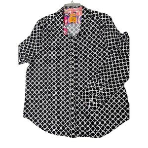 Ruby Rd Womens Black White Geometric Lattice Button Down Shirt Wrinkle Resistant